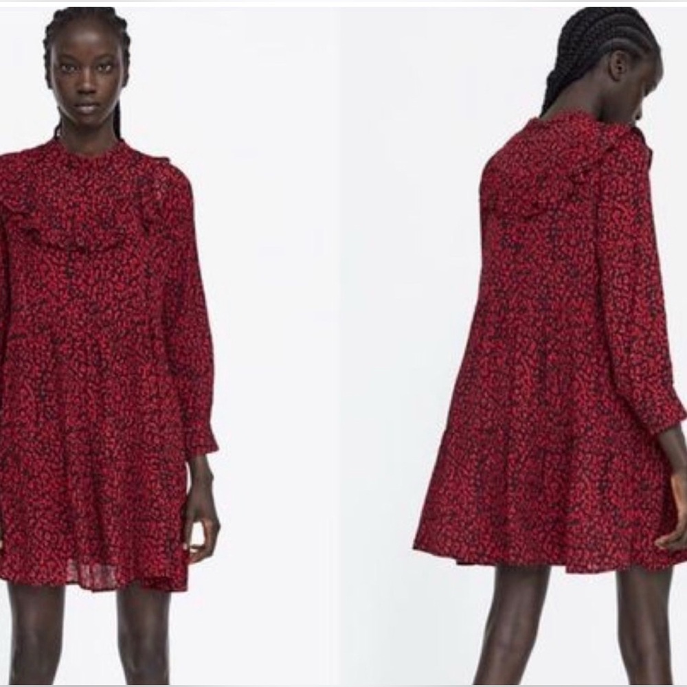ZARA Leopard Animal Print Dress – Red & Black – Size S